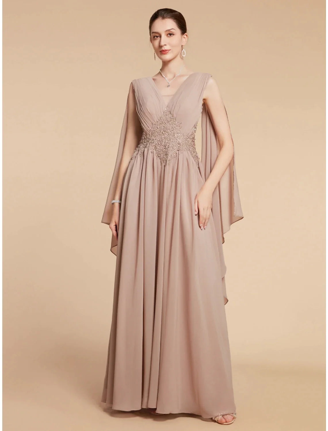 Wholesale A-Line Mother of the Bride Dress Wedding Guest Elegant V Neck Ankle Length Chiffon Lace Sleeveless with Ruching Solid Color
